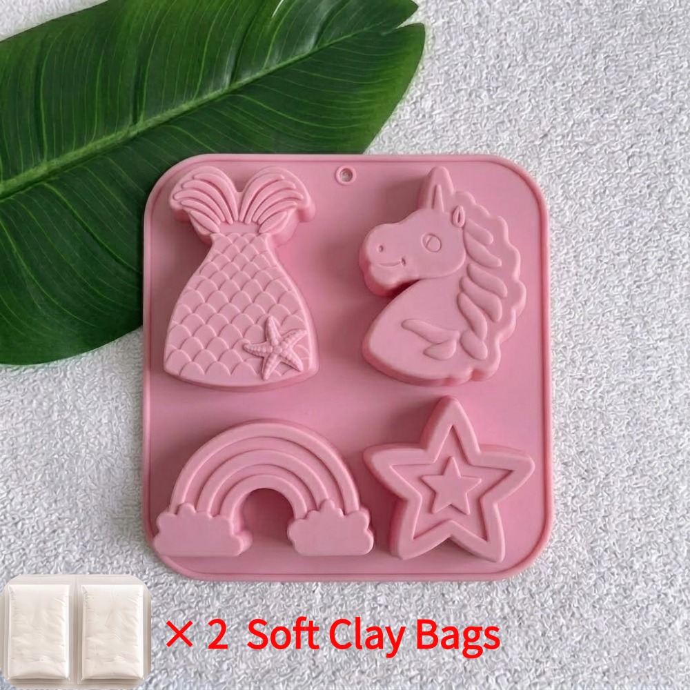 TEMU 4-cavity Unicorn Mermaid Tail Theme Shapes Set Silicone Molds For,, Ice Cubes, Wax Candles & Soap Making Silicone Mold For Diy Resin, Plaster &