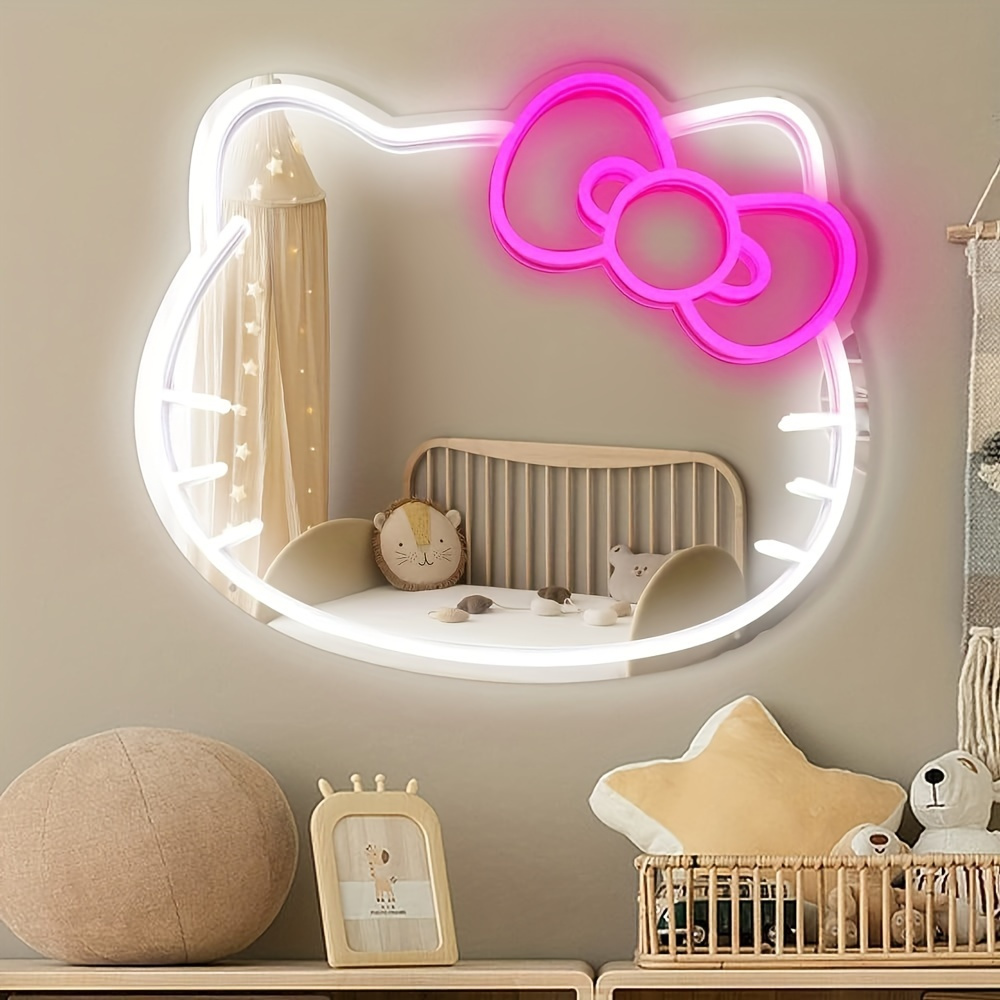 Kitty Face Mirror With Neon Light, Kitty Face Shaped Light, Bedroom Wall Mirror, Anime Neon Sign For Dresser, Locker Room, Living Room, Neon Light Up Acrylic Mirror With Dimmable