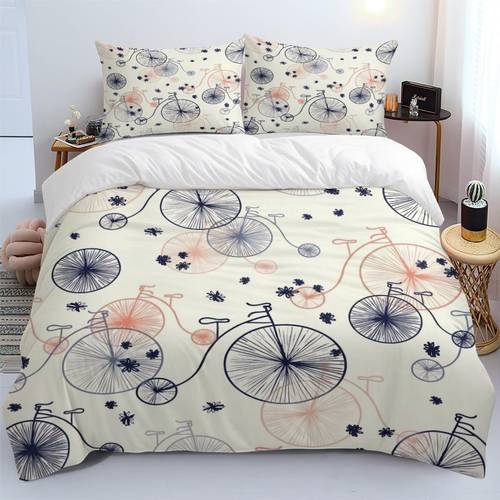 Obrázok položky 3- súprava obliečky na paplón s vintage motívom bicyklových (1*obliečka na paplón + 2*obliečky na vankúše, paplón nie je súčasťou balenia), vintage , umelecká posteľná bielizeň, mäkká, priedušná, dekorácia do spálne