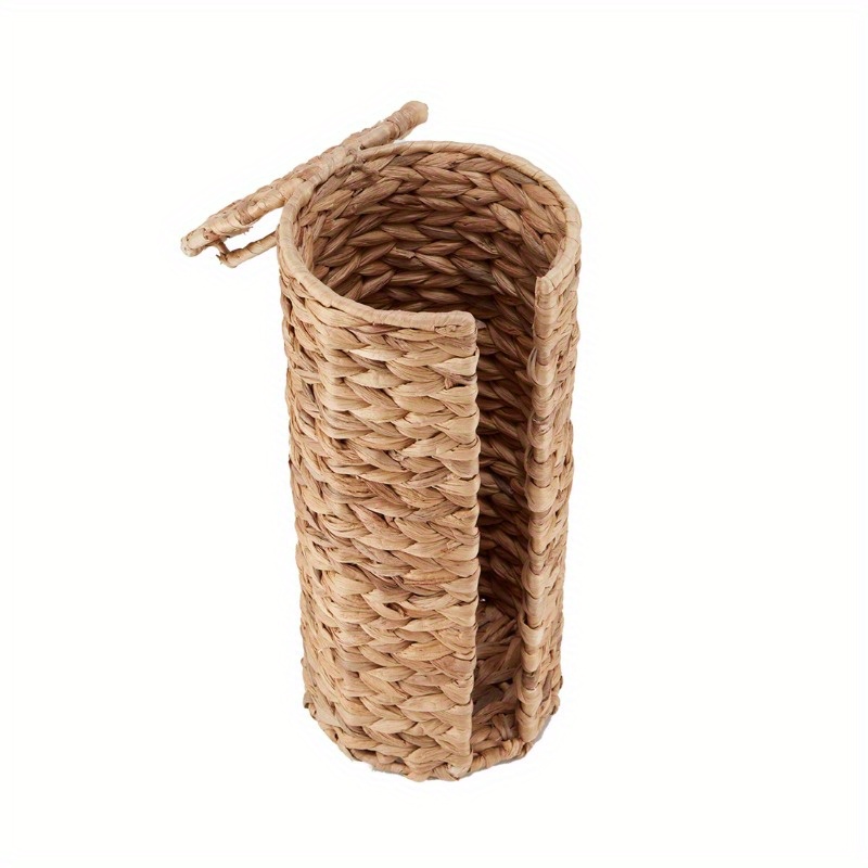 elegant beige woven tissue holder with lid natural hyacinth design round bathroom organizer for toilet paper stylish and functional home decor toilet paper holder Product details 1