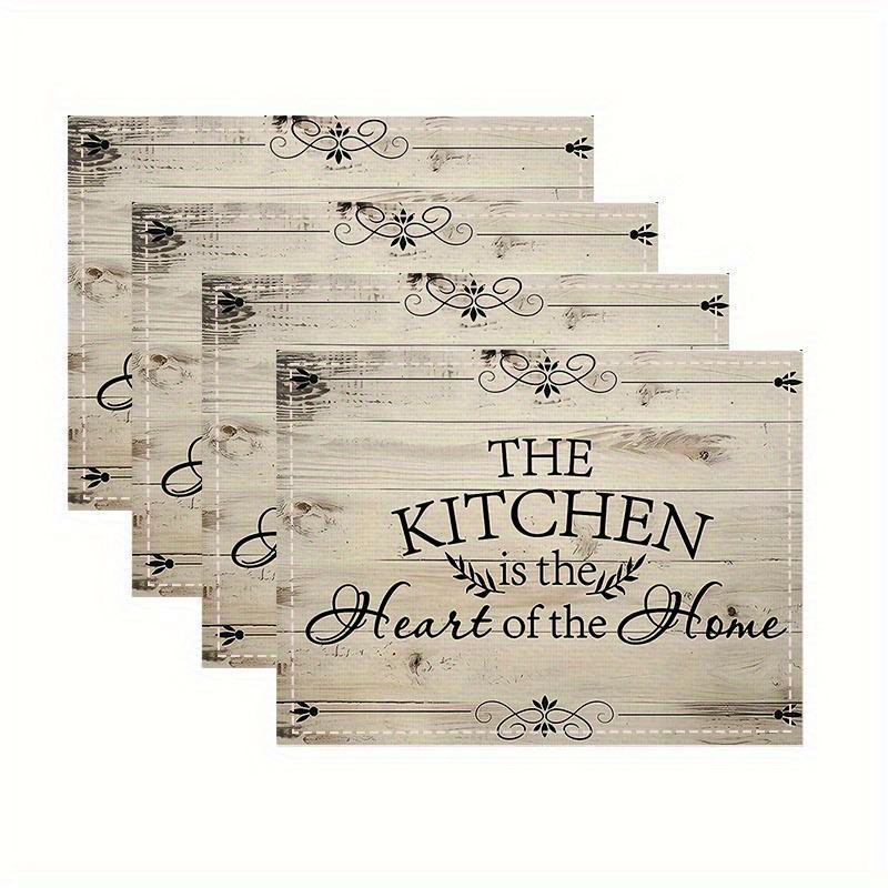 Image of 4pcs "kitchen: Of The Home" 12x18-inch Single-sided Printing Fabric Table Mat Set For Dining And Home Use, Suitable For Table Decoration And Party Decoration