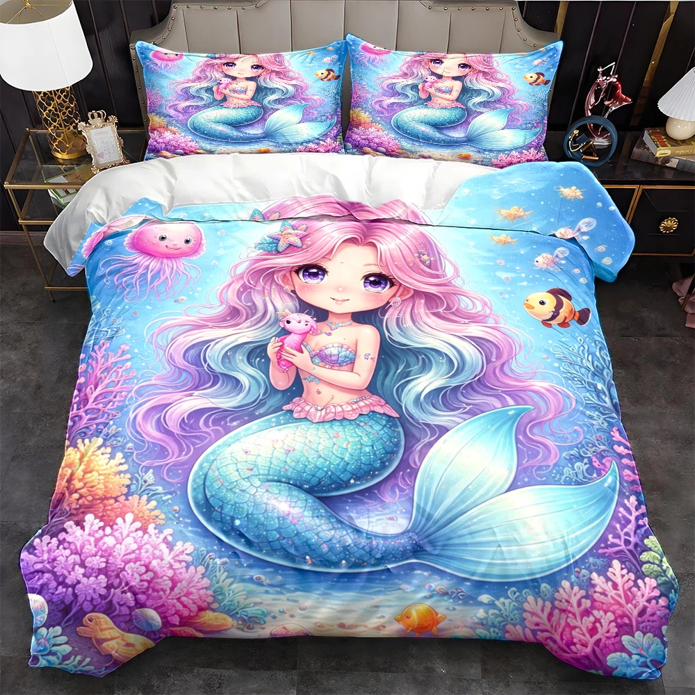 TEMU 3pcs Cartoon Mermaid Bedding, 1 Duvet Cover   2 Pillowcases, Machine Washable For , Hidden Zipper Double Bed Cover Suitable For Home, Dorm,