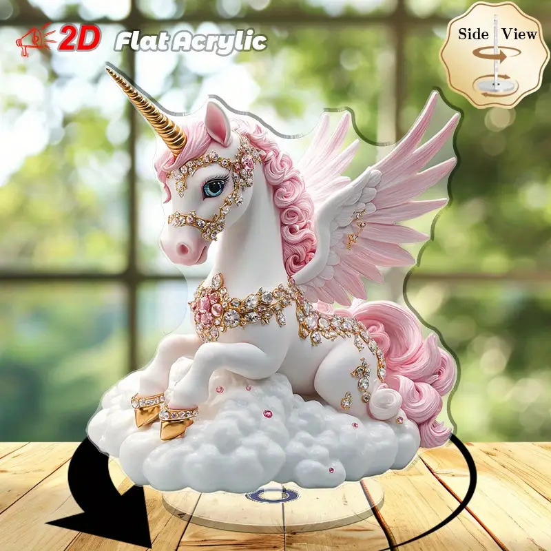 TEMU 2d Flat, Rotating Unicorn Sculpture With Pink-golden Wings & Clouds - Spinning Base Suitable For /office Decor, Birthday Party, Christmas Gift,