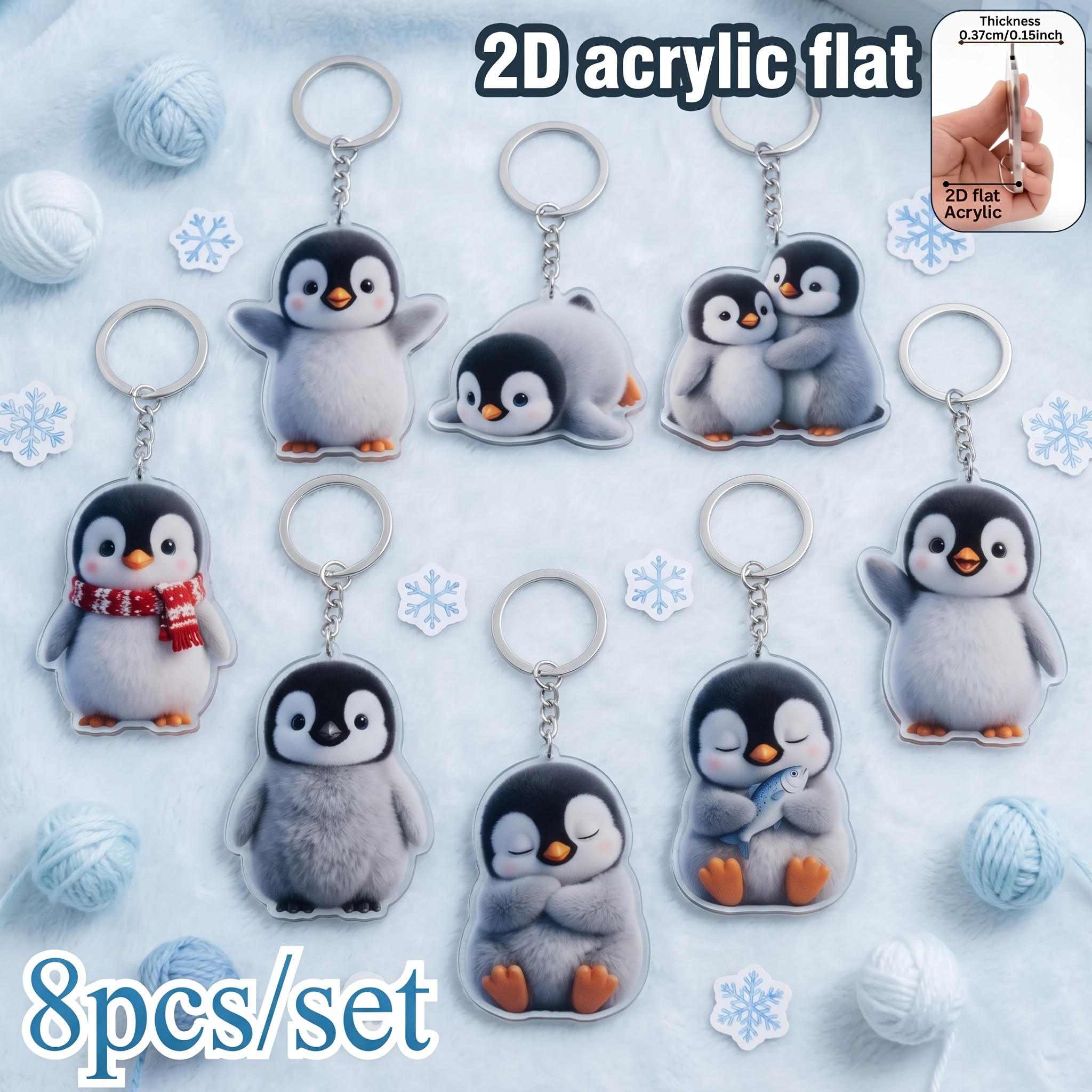 TEMU 2d Flat, 2d Flat 8pcs Cute Cartoon Penguin Acrylic Flat Keychain Set, 8pcs Adorable Winter Bag Charm Accessories, Keychain Gift, 2d Flat