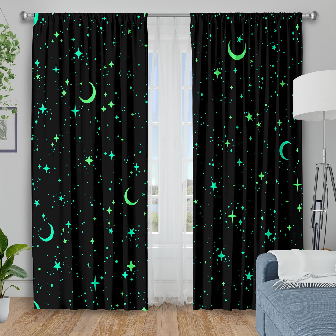 TEMU 2pcs Blackout Curtains - 100% Insulated Machine Washable Window Drapes With Rod Pocket, Contemporary Celestial Design For Bedroom Living Room