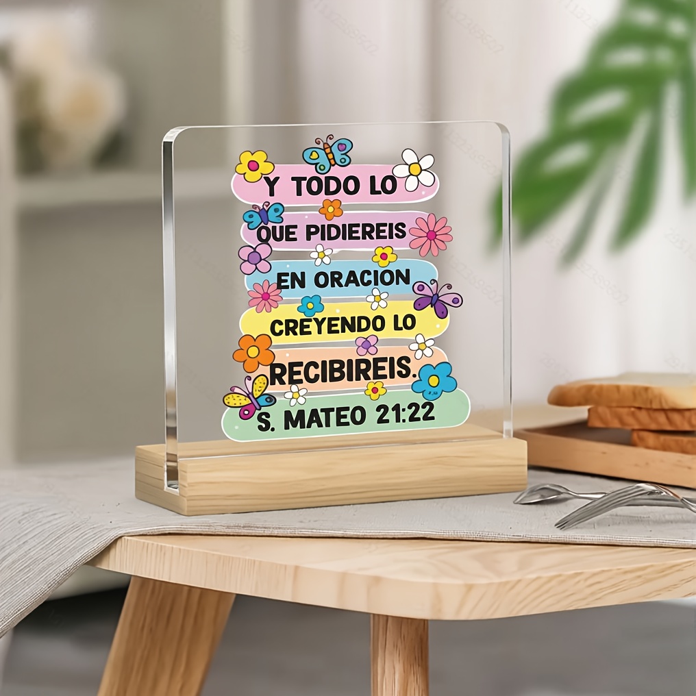 TEMU Letrero decorativo de escritorio acrílico 2D (con base) | en español ( 21:22) + Diseño de colorida + Estilo de color curativo para