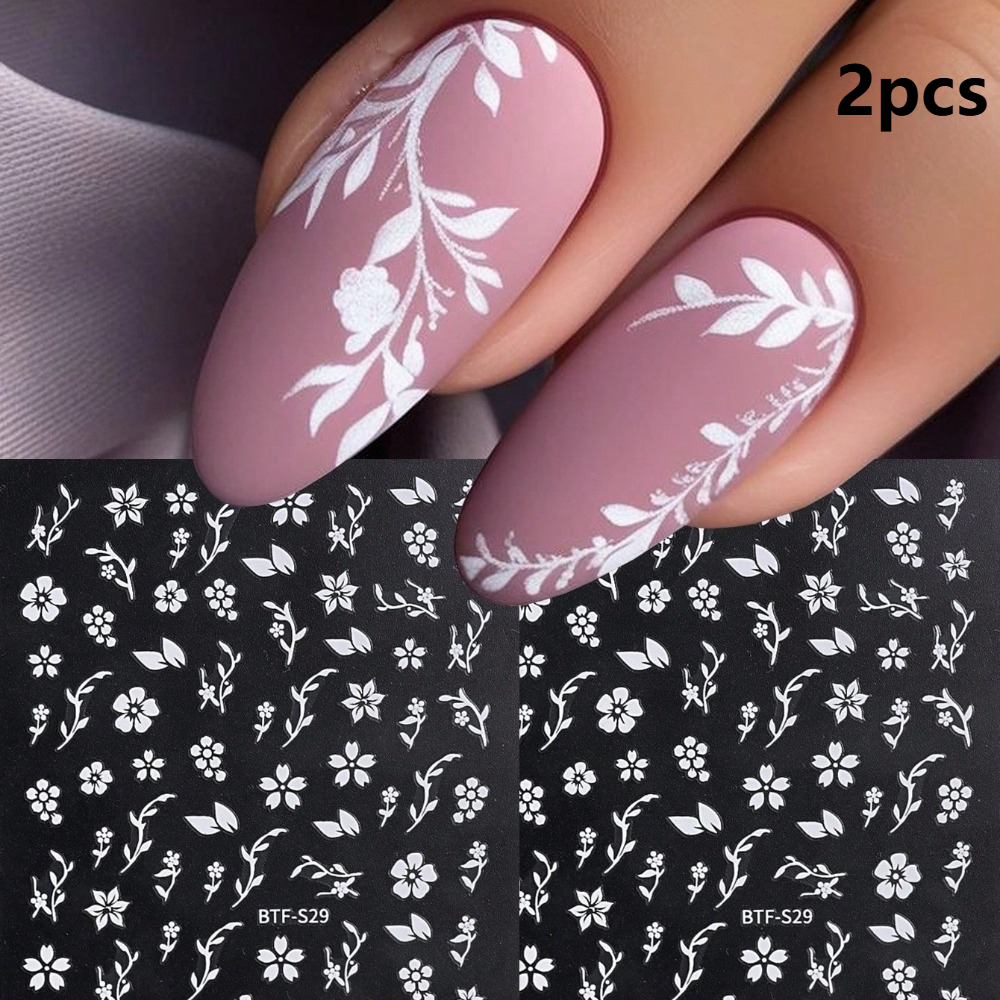 2pcs Flower Leaf Nail Art Stickers White Simple Petals Floral Plant Nail Decals Diy Self-adhesive Nail Art Stickers Suitable For Nail Decoration Diy Nail Design