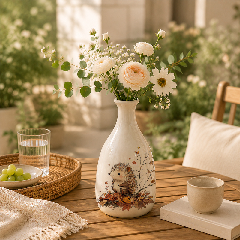 TEMU 1pc Ceramic Vase, Autumn Hedgehog Illustration , Suitable For Home Decoration Vases In Living Rooms, Kitchens, Bedrooms, Dining Tables, And