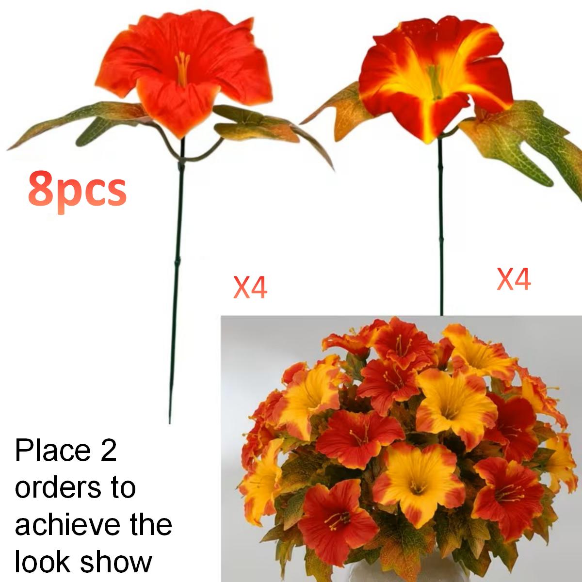 TEMU 8pcs Dual-tone Artificial Trumpet Flowers, /yellow-orange Dual-tone, Textured Petals, With Gradient , Restoring Autumn Atmosphere. With Flower