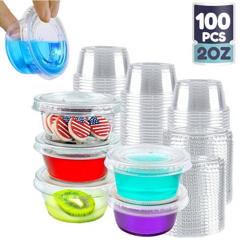 100 adet 60ml plastik dispenser bardak (50 bardak ve 50 kapak), yeniden doldurulabilir, sosları, dips, baharatlar, öğle yemekleri, partiler ve seyahat için mükemmel - i̇stiflenebilir, sızdırmaz, hava geçirmez dispenser bardaklar