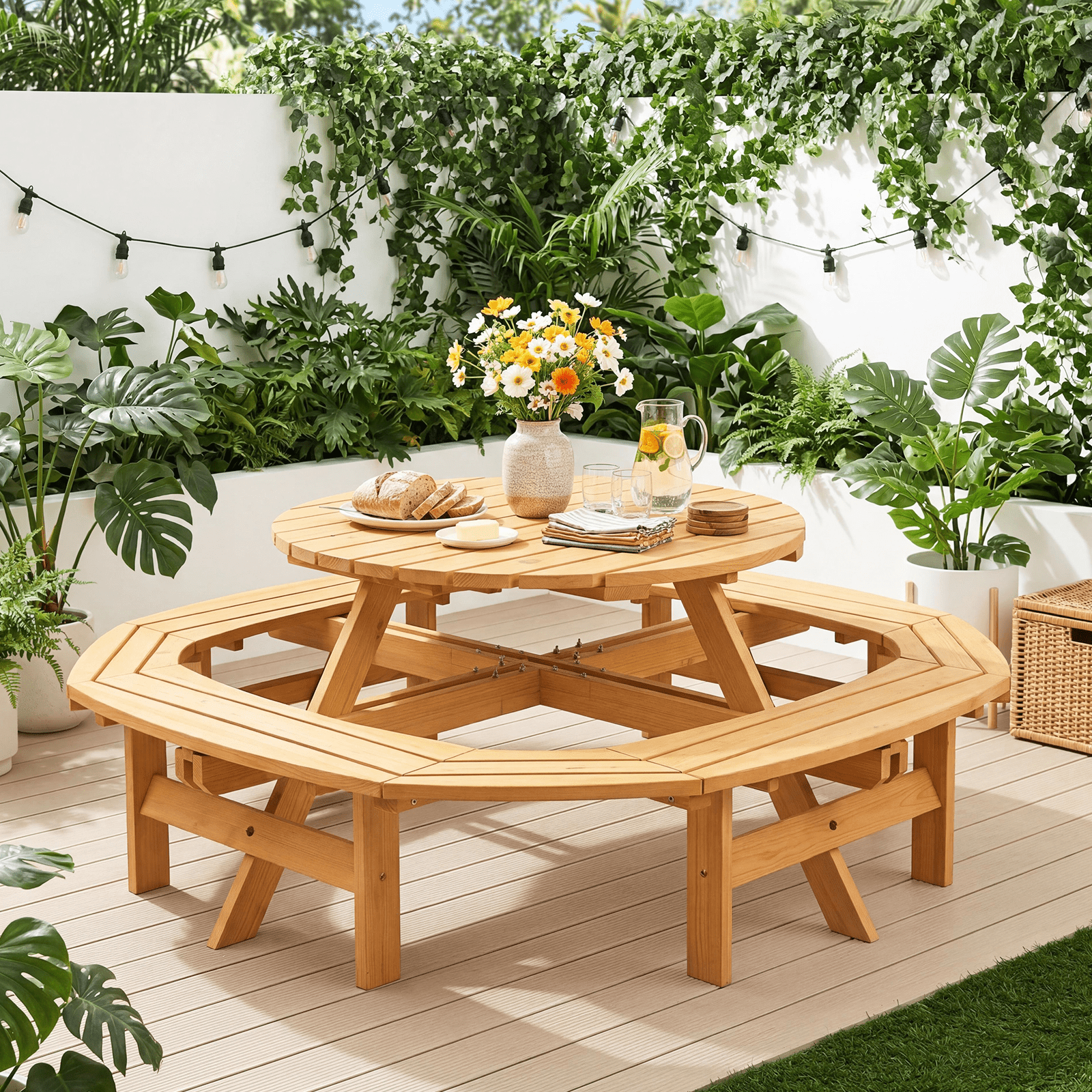 8-Person Round Wooden Picnic Table with Umbrella Hole, Wood Outdoor Dining Set with 4 Built-In Benches for Garden, Patio And Backyard