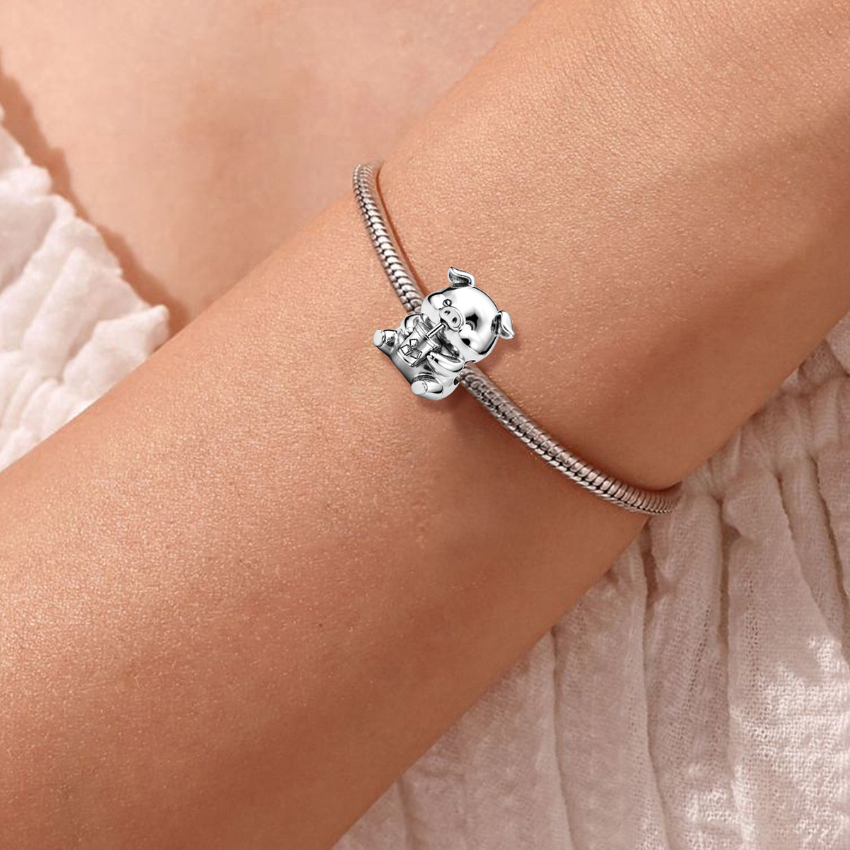 925 Silver Plated Pig Bead Charm for DIY Jewelry Making