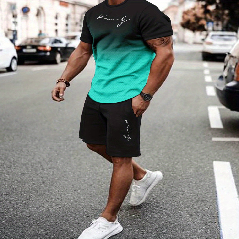 

Men's Summer Casual Sportswear Set - Breathable 3d Printed T-shirt & Shorts Combo, Stretchy Polyester , Machine Washable