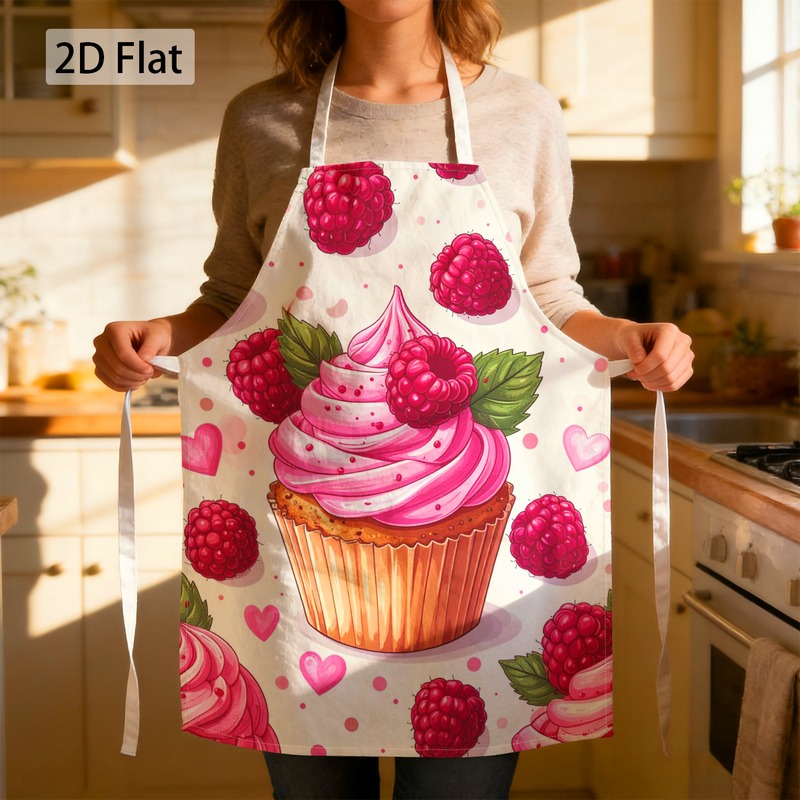 Image of 1pc Baking Lover Raspberry Cupcake Heart Graphic Chef Apron Print, Decorative, Sweet Themed 27 X 22 Inch(68 X 55cm) Apron Waiter Durable Easy Clean Unisex For Kitchen Cooking Service
