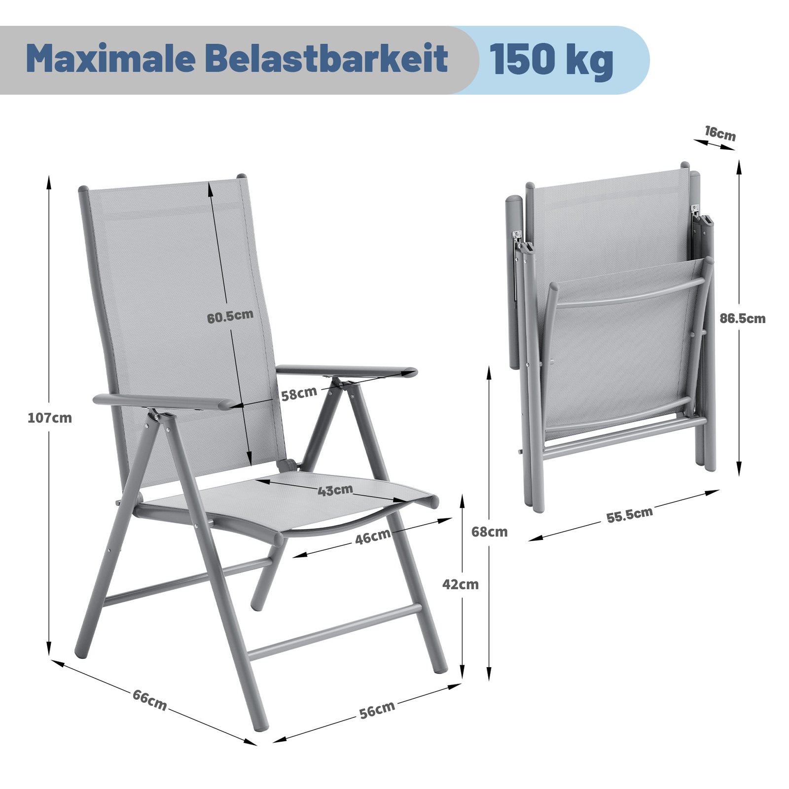 2-pack Foldable Outdoor Chairs, Aluminum Frame High Back With Armrests, Breathable Weather-resistant Fabric For Patio Balcony Seating