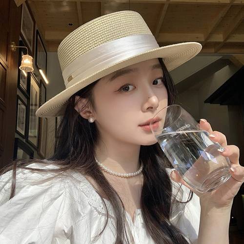 french flat top straw hat womens summer seaside vacation old money wind straw hat womens sunshade sun hat