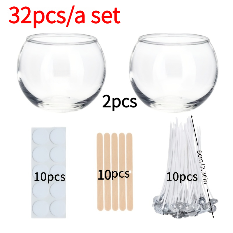 TEMU Ensemble de 32 bougeoirs en verre, comprenant 2 gobelets en verre et 30 types d'accessoires faits à (10 mèches de bougie, 10 autocollants, 10