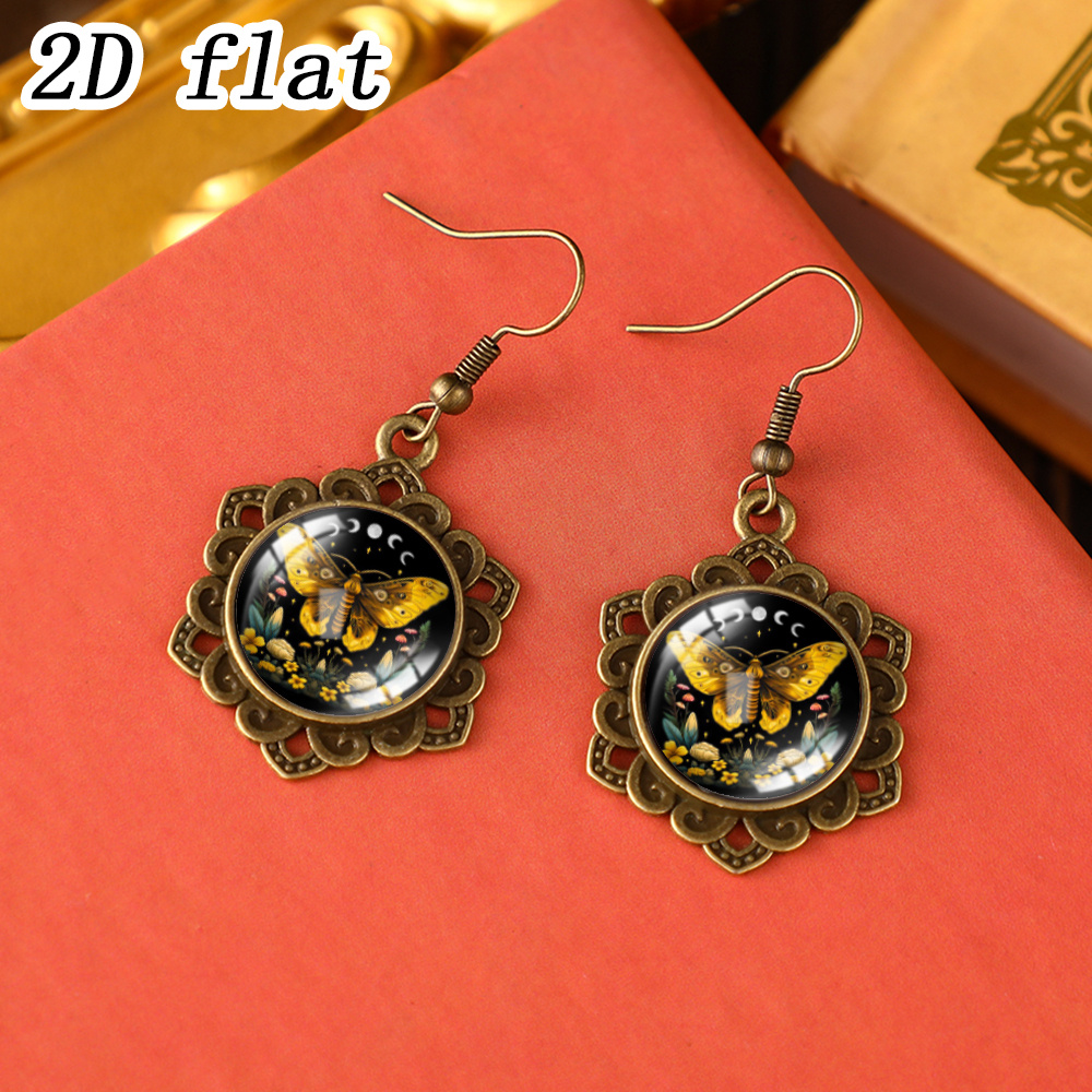 Unisex Vintage Lace Frame Dangle Earrings with Moth and Flower