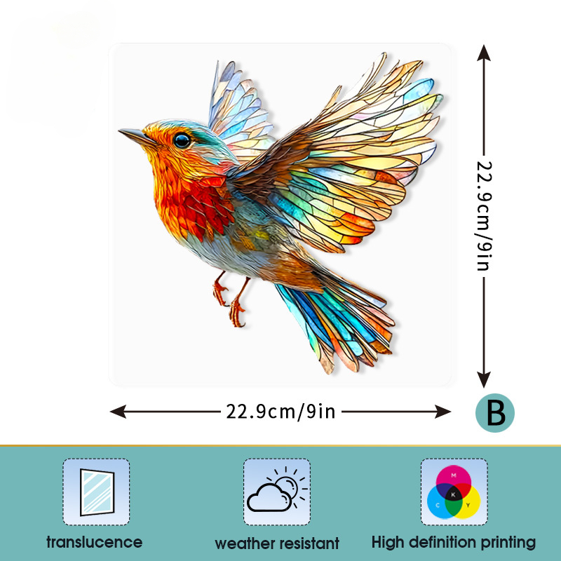 TEMU 1pc Of Vibrant Stained Glass-style Robin Window Decal - 9-inch X 9-inch Colorful Flying Bird Suncatcher, High Quality And -resistant Pet Film,