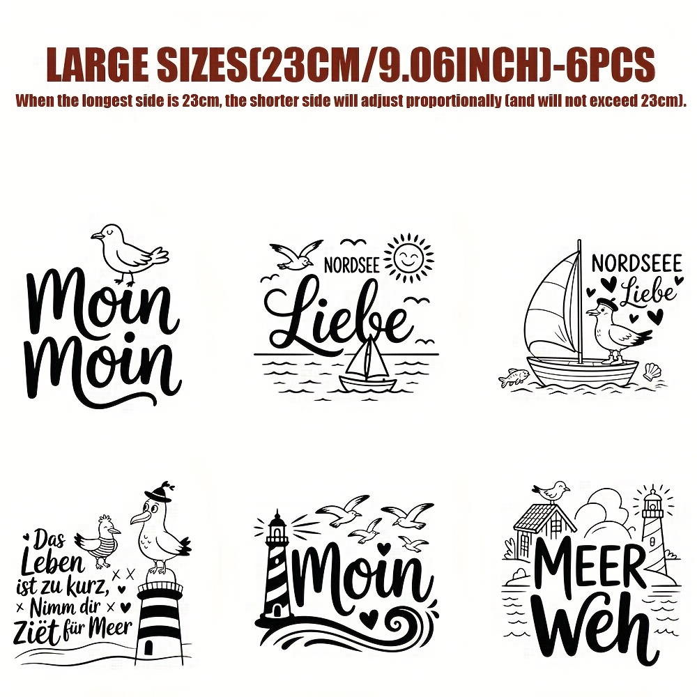 TEMU 6 Stück Deutsche Küsten-Eisen-Transfer-Aufkleber für T-Shirts, Masken, Jeans, Rucksäcke – Waschbare Vinyl-Heißpress-Abziehbilder mit Nautischen