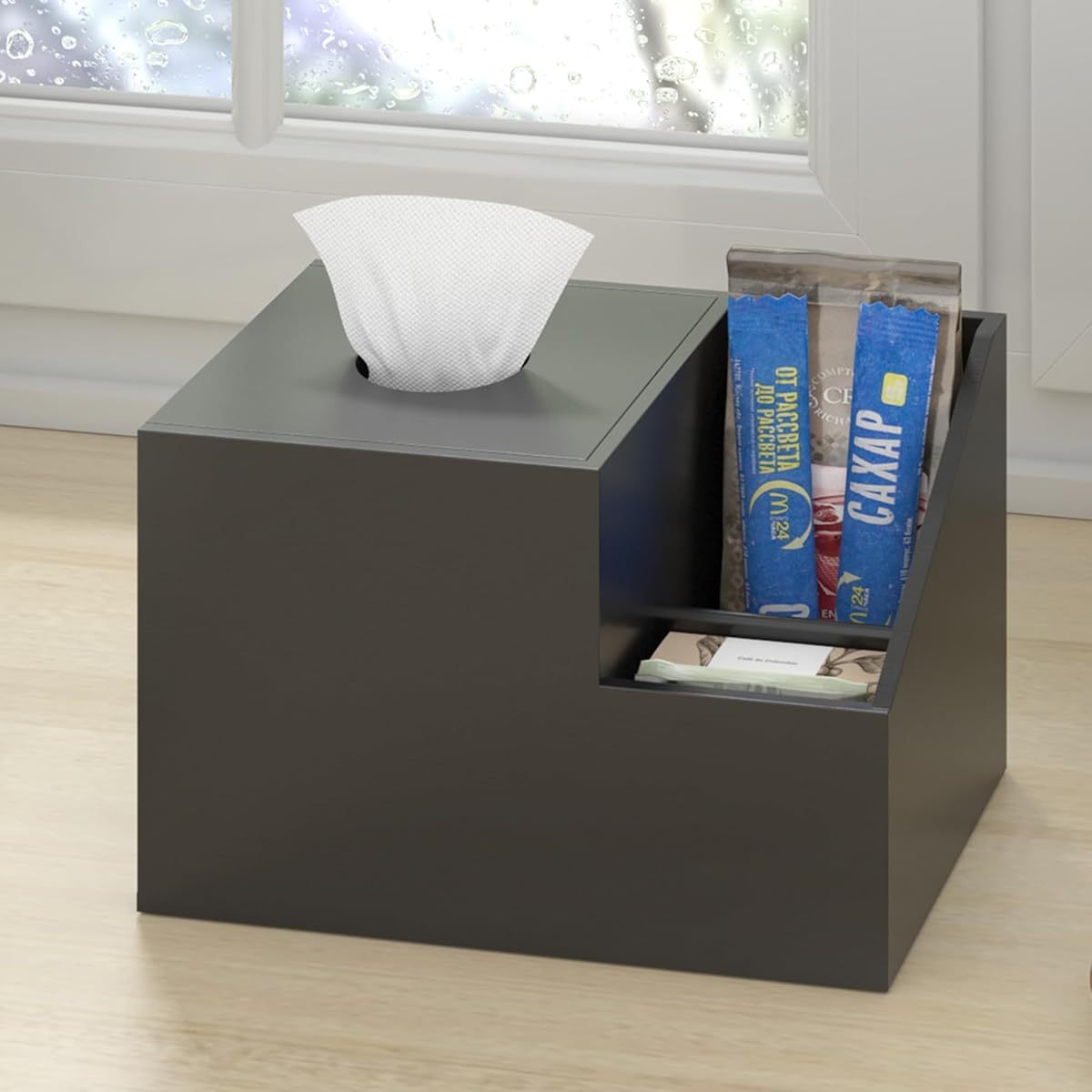 tissue box cover holder bamboo square multifunction nightstand organizer tissue storage box for bedroom bathroom office compartments hold ipad phones remote controls black Product details 4