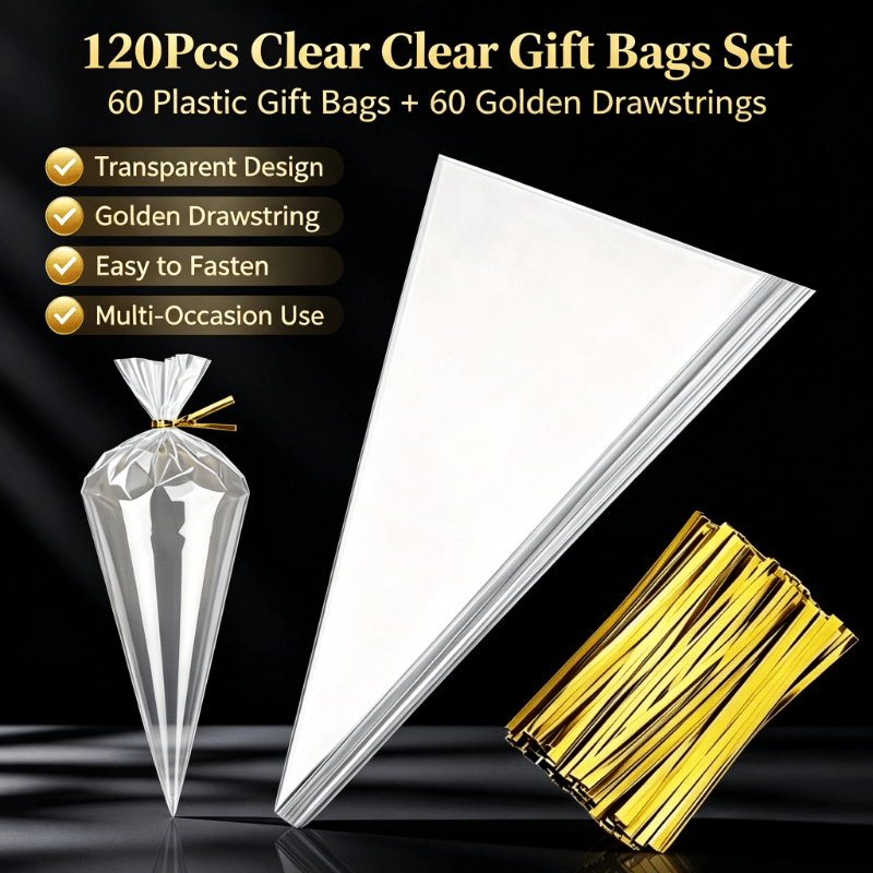 TEMU 120pcs Set Includes (60 Transparent Plastic Gift Bags + 60 Golden Drawstrings). Bags Feature Exquisite Golden Drawstrings For Convenient