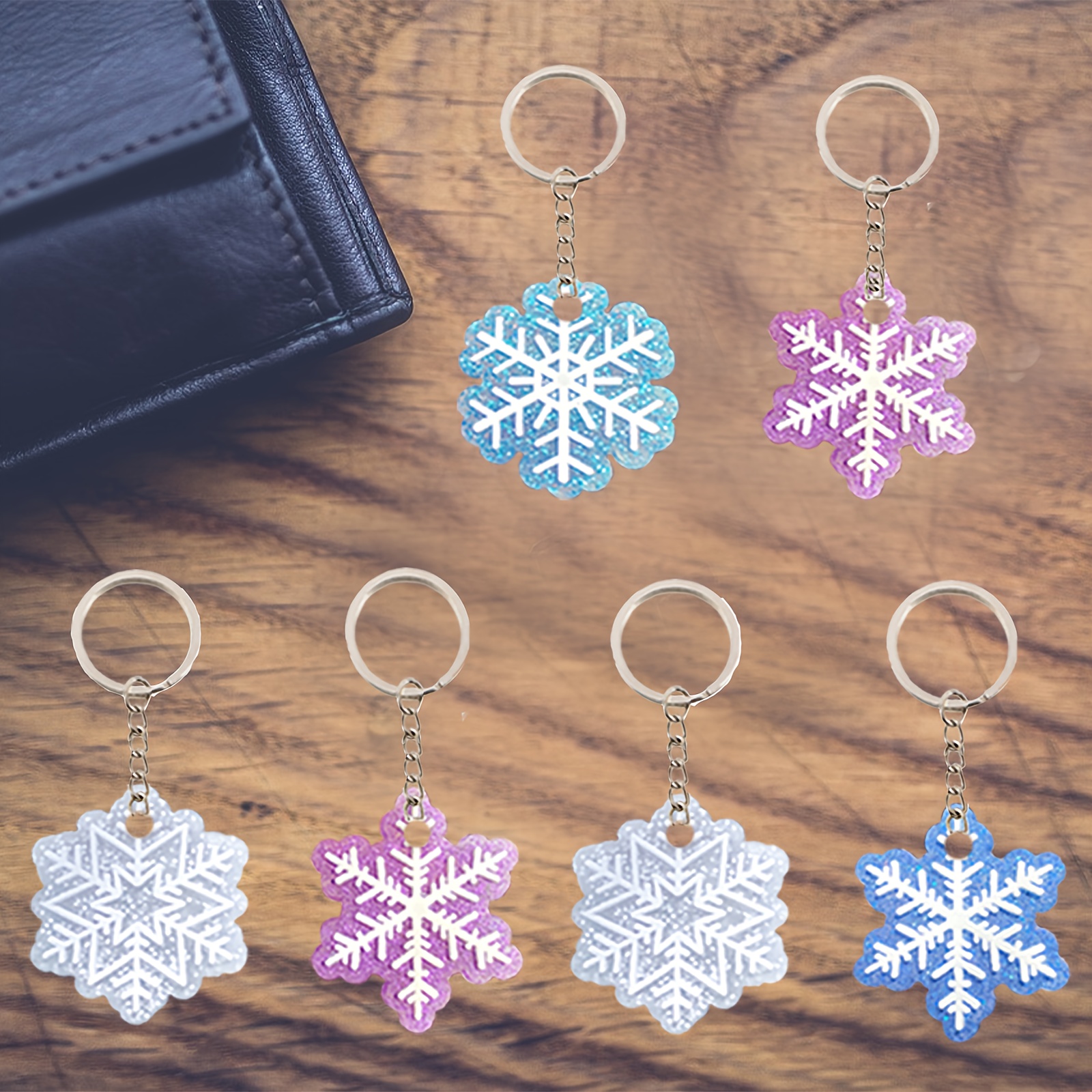 TEMU 6pcs Snowflake Keychain Set, 4 Styles Of Cute Cartoon Glitter Snowflake Keychains, Bag Charms. Suitable For Birthday Gifts, Universal Holiday