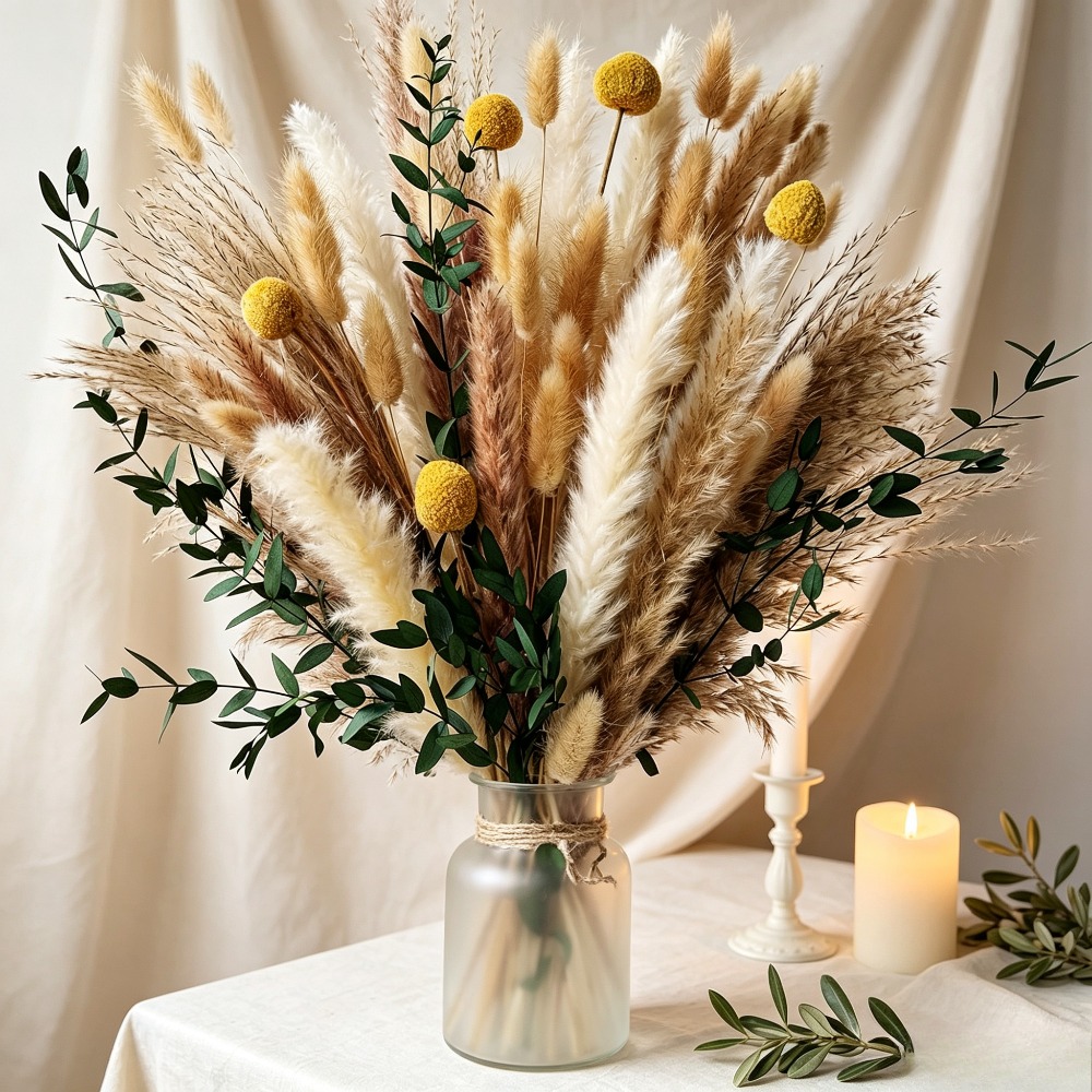 Image of 92pcs Dried Flower Pampas Bunny Rabbit Tail Grass Eucalyptus Bouquet Boho Home Vase Room Living Seasonal Decor Dried Flowers Chic Wedding Party Decoration Festival Gift
