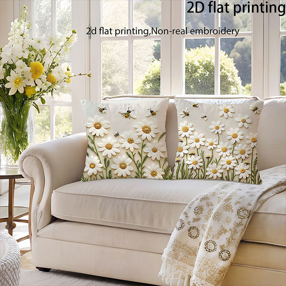 TEMU 2d Flat-2pcs Daisy Bee Pillowcase, 2d Printing, Essential For A , Office Chair Back Cushion Cover, Durable Headboard Cushion Cover, Suitable For