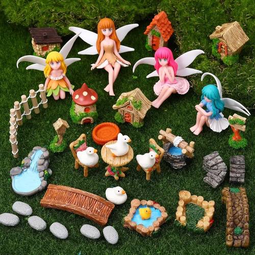 35pcs fairy garden additions miniatures garden kit with resin fairies house and bridge miniature additions for terrarium and outdoor decor