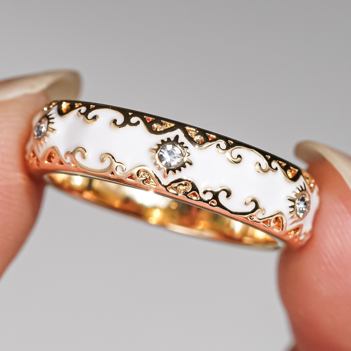 E-shop Exquisite goldene Einfassung Synthetische Zirkonia Emaille Ringe für Frauen Täglich Hochzeit Geschenke Freizeit Party Urlaub Ring Geschenke