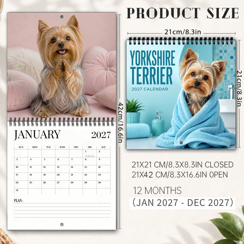 TEMU Calendrier mural Yorkshire Terrier 2027, calendrier à spirale de 12 mois avec les farces de chiens à avec des miroirs, à friandises et des
