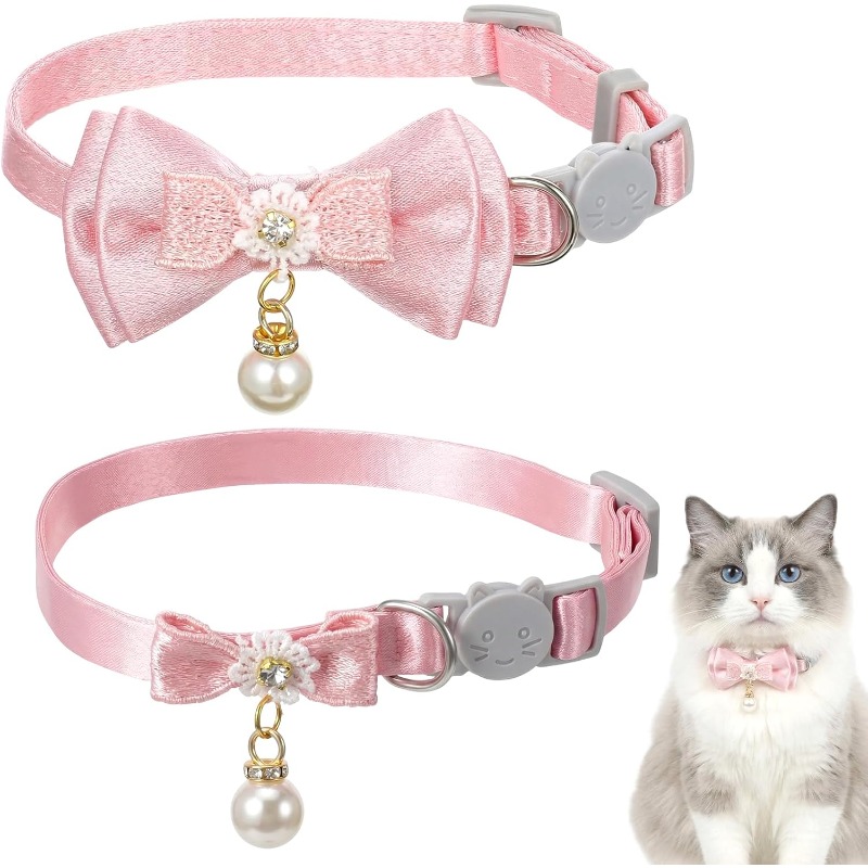 2er pack katzenhalsbänder für mädchen katzen rosa kätzchenhalsband verstellbar süßes katzenhalsband mit schleife und perlenanhänger sicherheits-katzenhalsband mit abreißmechanismus katzen fliege halsbänder rosa fliege
