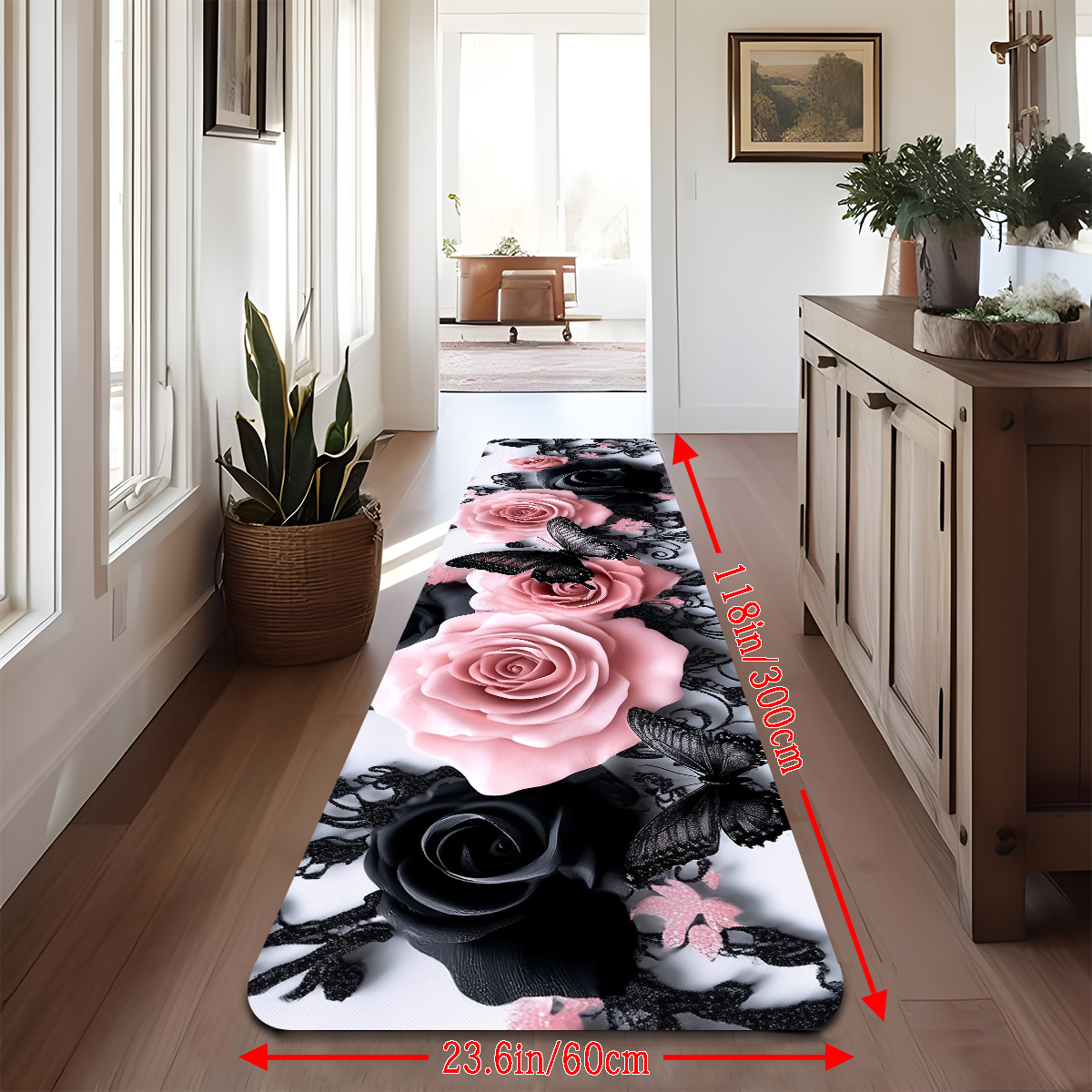 TEMU [1.0cm Thickness + Non-slip Backing] - 1pc Spring Twin Rose Runner Rug, Background Runner Rug, Bath Mat, Non-slip Runner Rug, Bedside And Sofa
