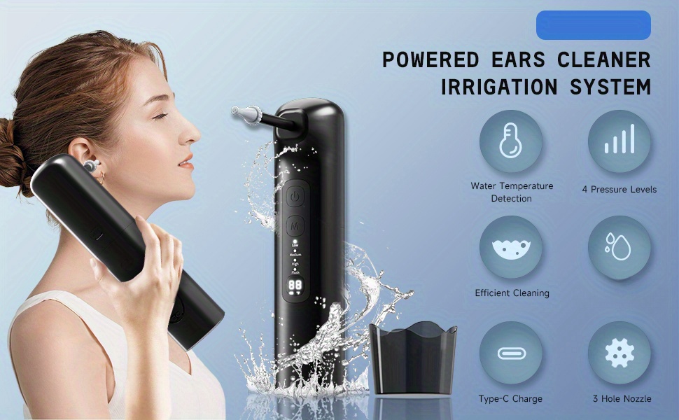 Water Powered Ear Cleaner with Water Temperature Indicator, 4 Pressure Modes Earwax Removal, 3 Jet Stream Flushing System Ear Irrigation Kit, Safe& Effective Ear Cleaner with Basin& 6 Tips (Black)