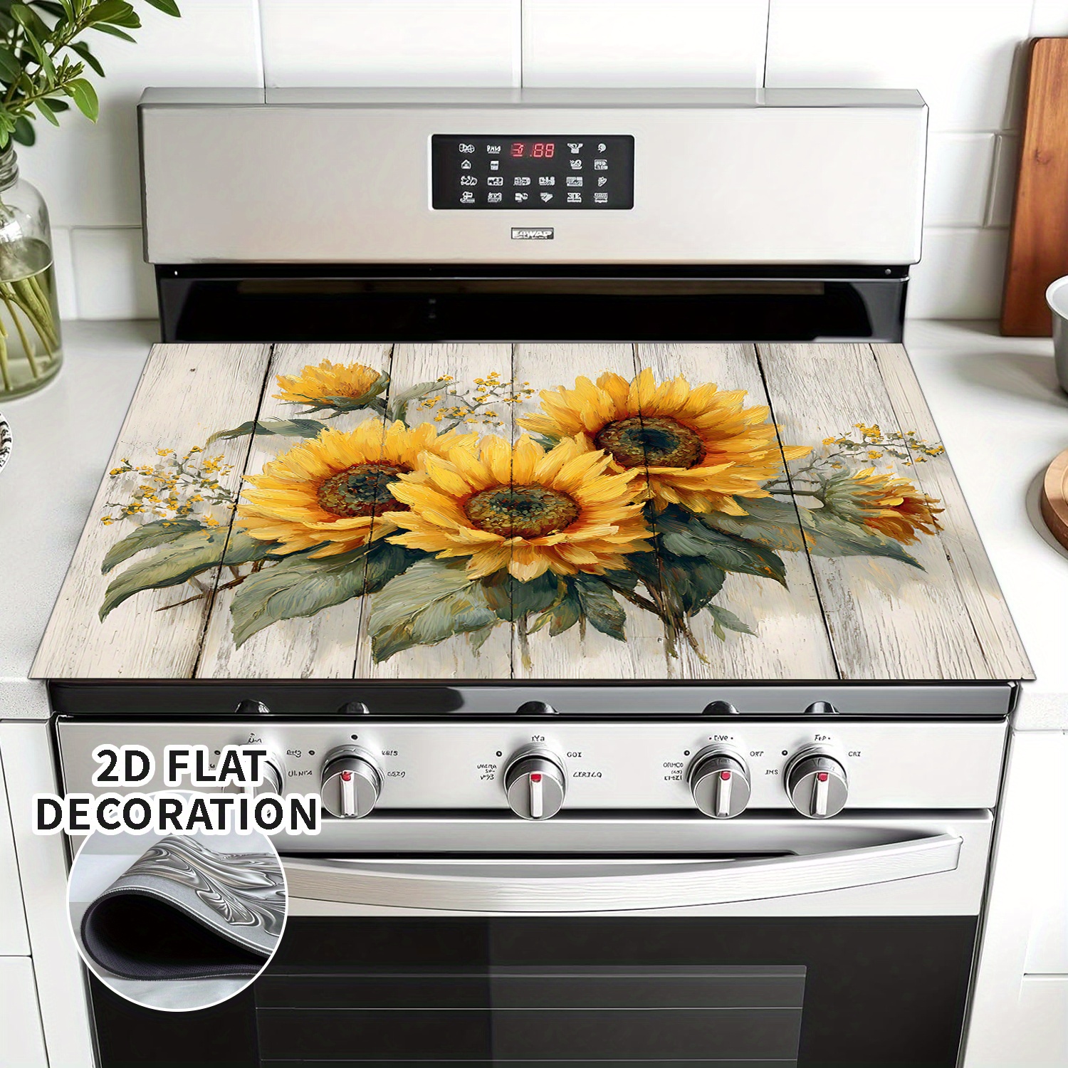 TEMU Stove Top Cover Replacement Decor Kit 2d Flat Decor Sunflowers, Wood Leaves Electric Stove Top Cover - Rubber Lined Gas Stove Top Cover -