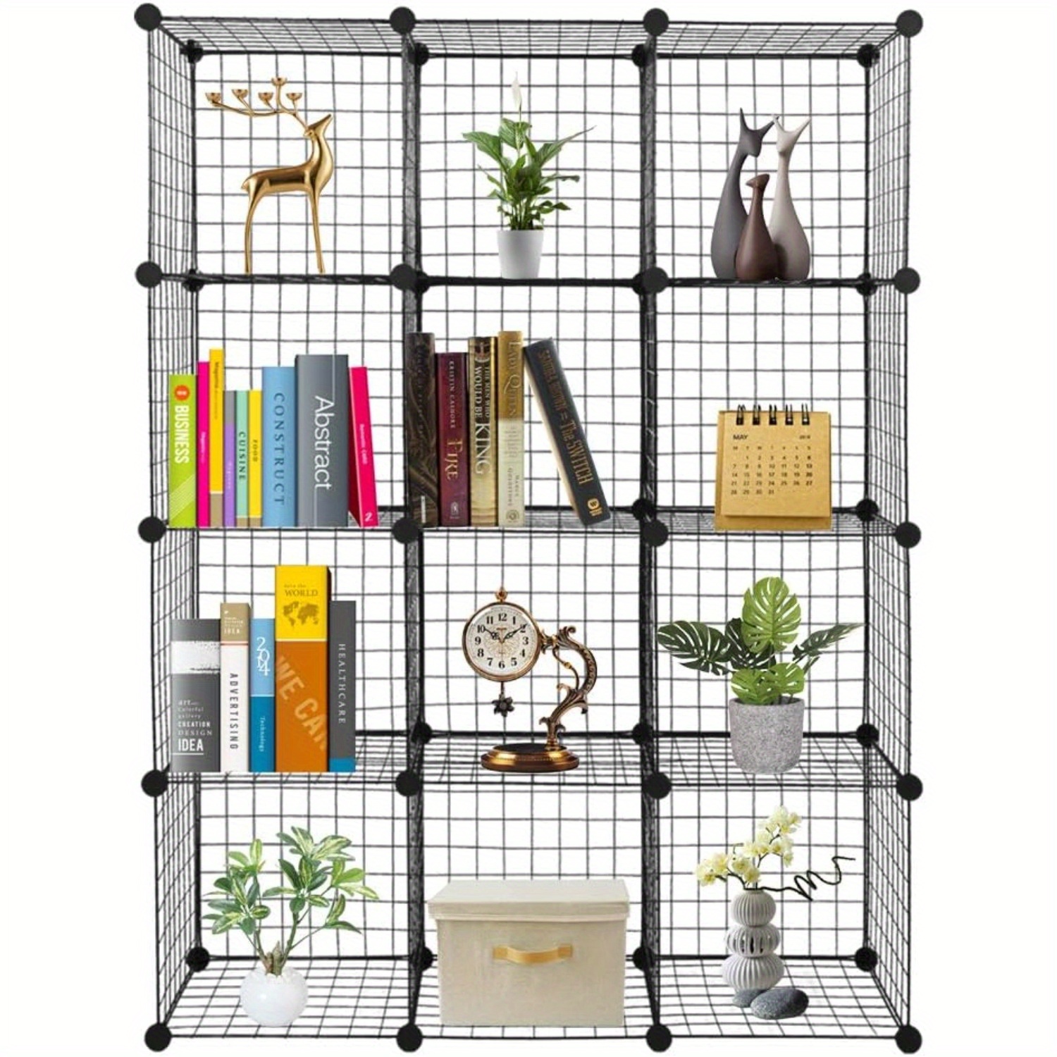 Bonnlo 12-compartment Cube Shelf, Metallic Plastic Storage Organizer With Black Grid Design, 42" X 15" X 55", Floor-standing Shelf For Organization, Shelf Decor, Utility Racks