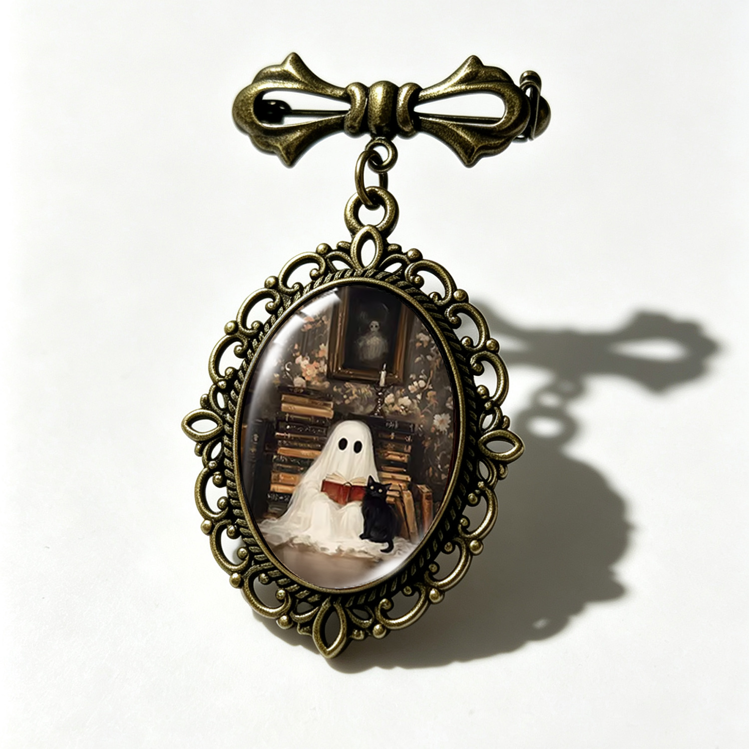 TEMU 1pc, Dark Academy Library Reading And Black Cat Oval Brooch, Halloween Commemorative Badge, Book Mysterious Gothic Style Jewelry Gift, Clothing