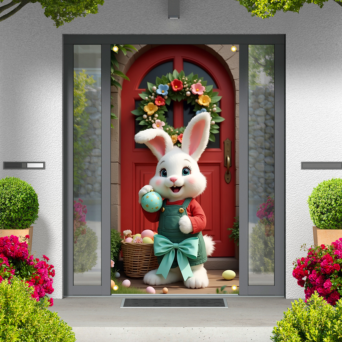 

2d Door Banner, 1pc Dienalls Easter Bunny Door Cover Banner With Basket & Wreath - Vibrant Polyester, No Power Needed, Multi-use For Indoor/outdoor Decorations, Bunny Accessories