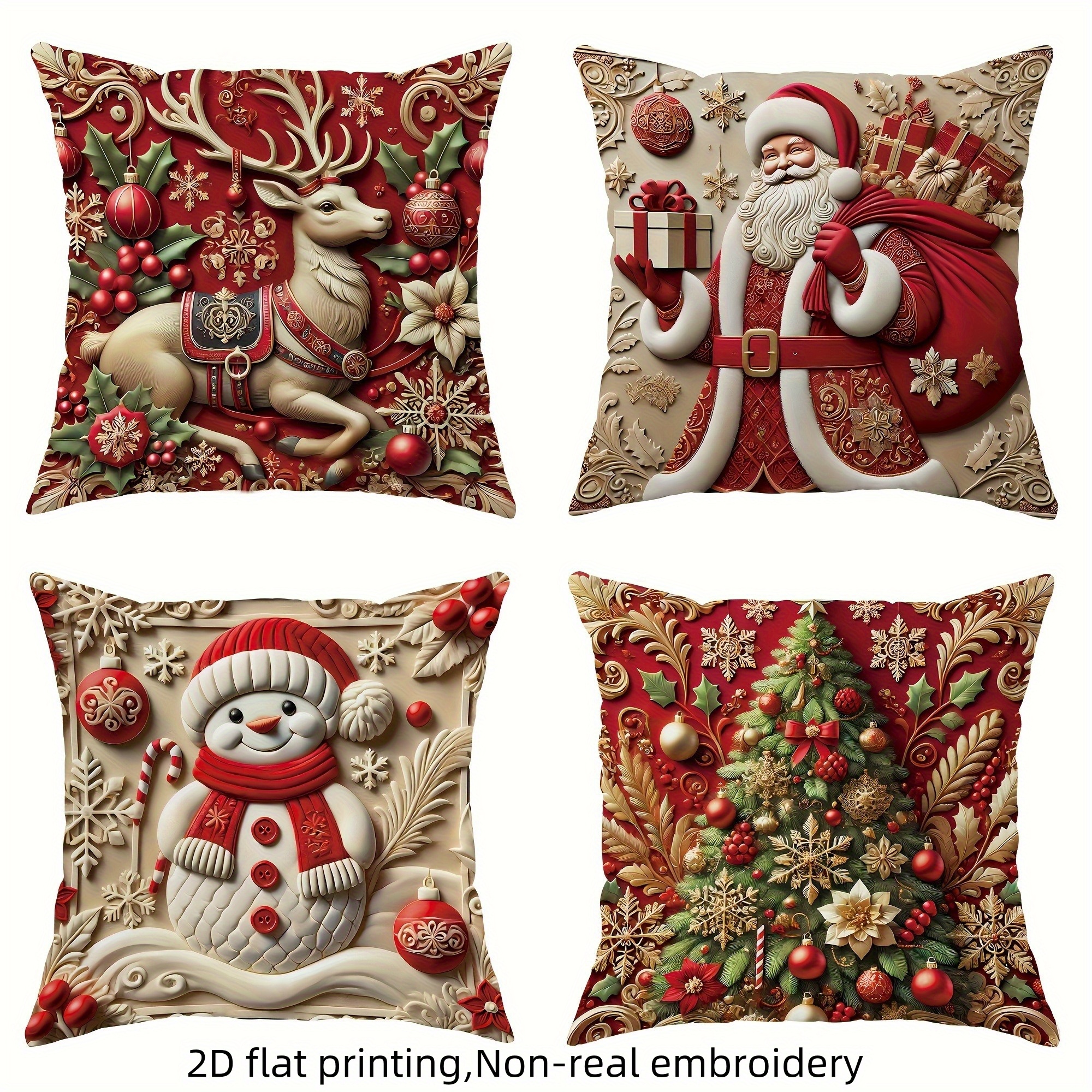 TEMU 4pcs 2d Flat Printing Christmas Pillow Covers, Featuring Non-real Embroidery Patterns Of Reindeer Sleigh, Santa Claus With Red Scarf, Snowman,