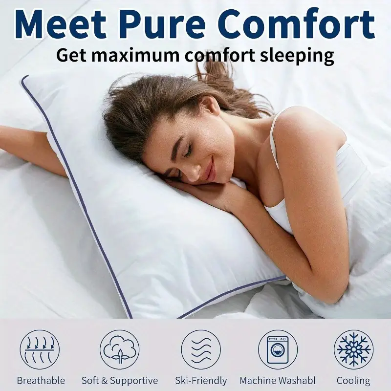 set of 2 cooling bed pillows - hotel quality luxury sleeping pillows with breathable support, elegant white pillowcases for home & hotel use - durable non- fabric, easy- for side/back/stomach sleepers - ideal for couples & guest rooms, pillows for sleeping, , minimalist style, filling, supportive cushion, side sleepers, back sleepers, removable cover, temperature control, , sleep , decor, premium materials Product details 4