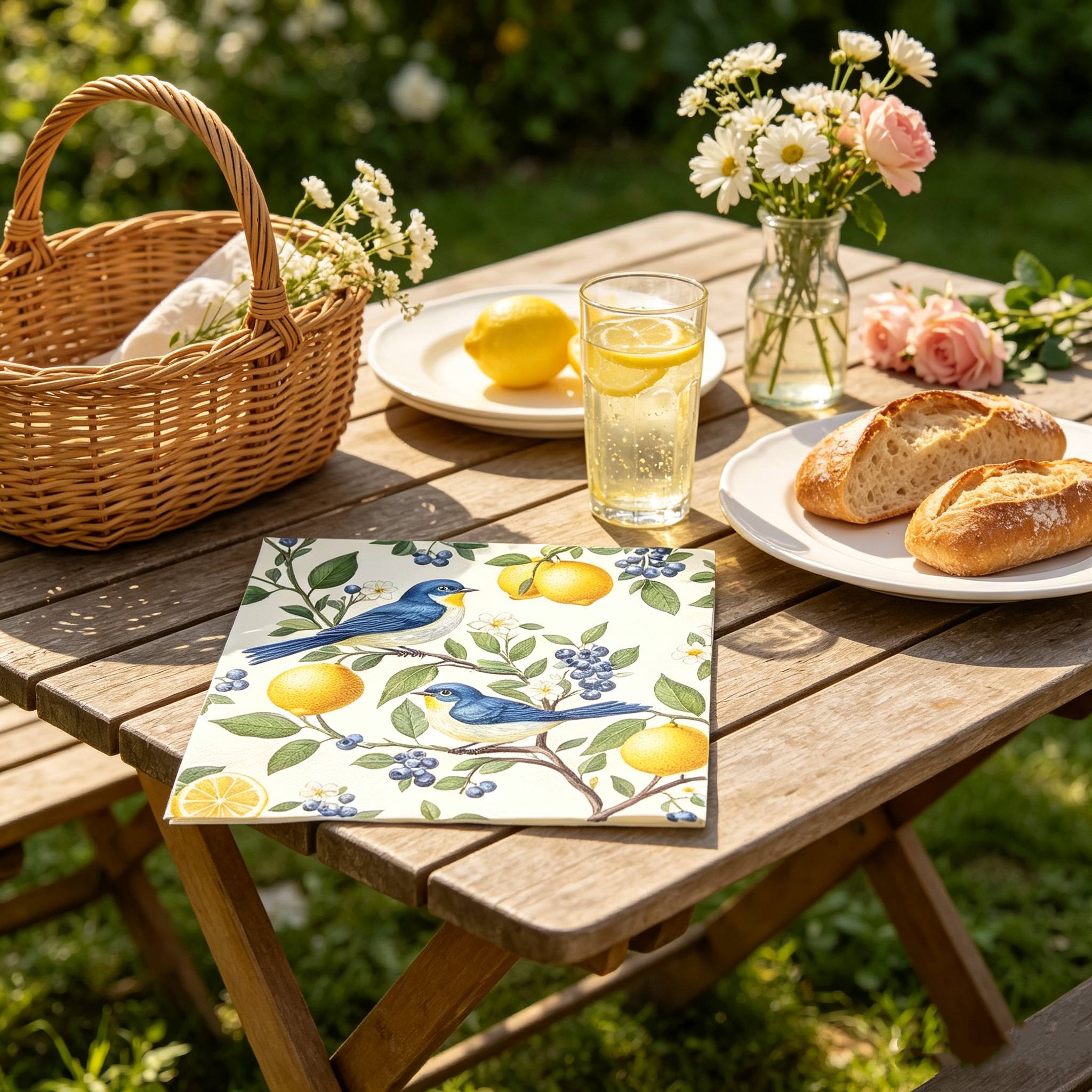 TEMU 10-pack Vintage For Blue Bird Lemon Blueberry Floral Print Decorative Napkins, Double-layer Square Disposable Napkins, Suitable For Parties,