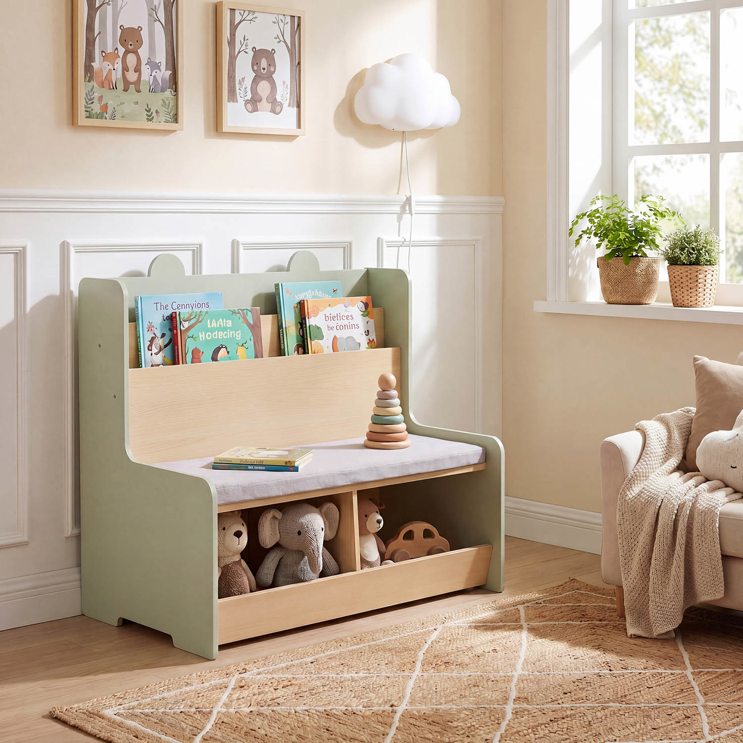 Kids Bookcases, Storage Organizer W/ Bookshelf & 2 Cubbies For Christmas And Halloween, Green + Natural
