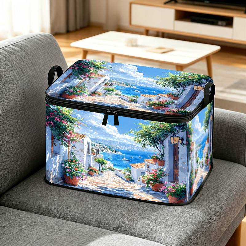 TEMU 1 2d Flat Mediterranean-style Patterned Storage Box, Featuring A Blue And Scheme With Floral And Designs, Exuding A Romantic And Fresh Vibe.