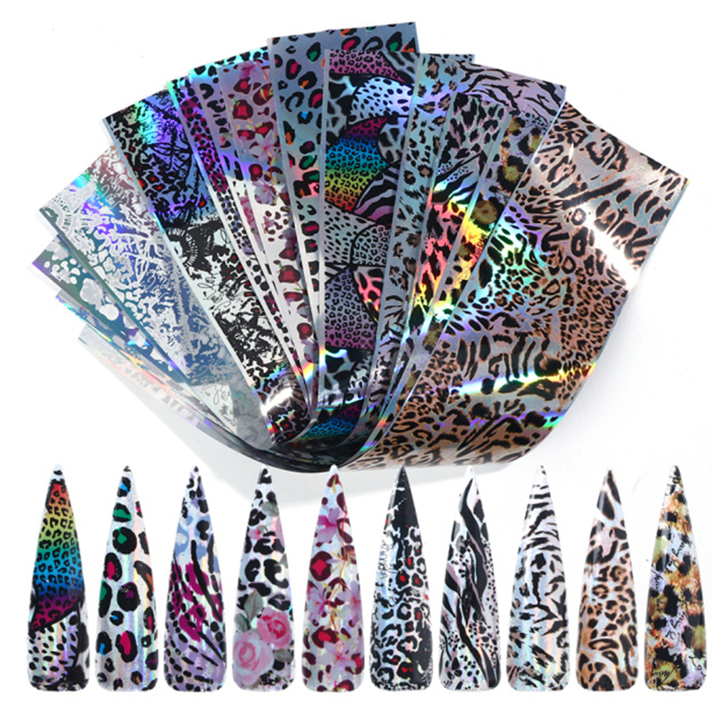 Image of 10pcs Leopard Prints Nail Foil Stickers Animal Skin Nail Art Foils Starry Paper Transfer Decoration Additions