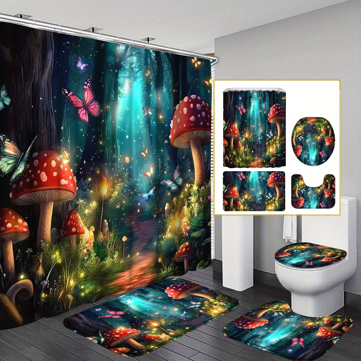 TEMU 4pcs Shower Curtain Set, Fairy Garden Wood Bathroom Sets With Shower Curtain And And Additions, Firefly Floral Shower Curtain With Set And 12 Hooks, Shower Curtain For Bathroom Home Decor