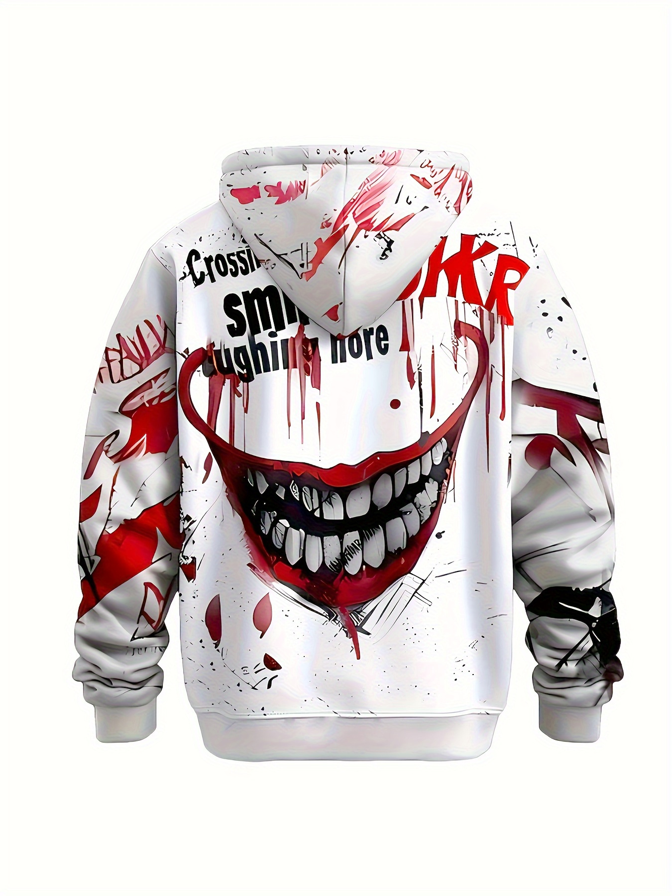 Men's 3D Printed Clown Face Hoodie with Red Splatter & "While Teeth Still Smile" Text - Stretch Knit Pullover Sweatshirt, Elastic Drawstring Hood, Plus Size Casual Costume for Parties, Carnivals, Outdoor Wear (Pop Culture Inspired) - Image 9