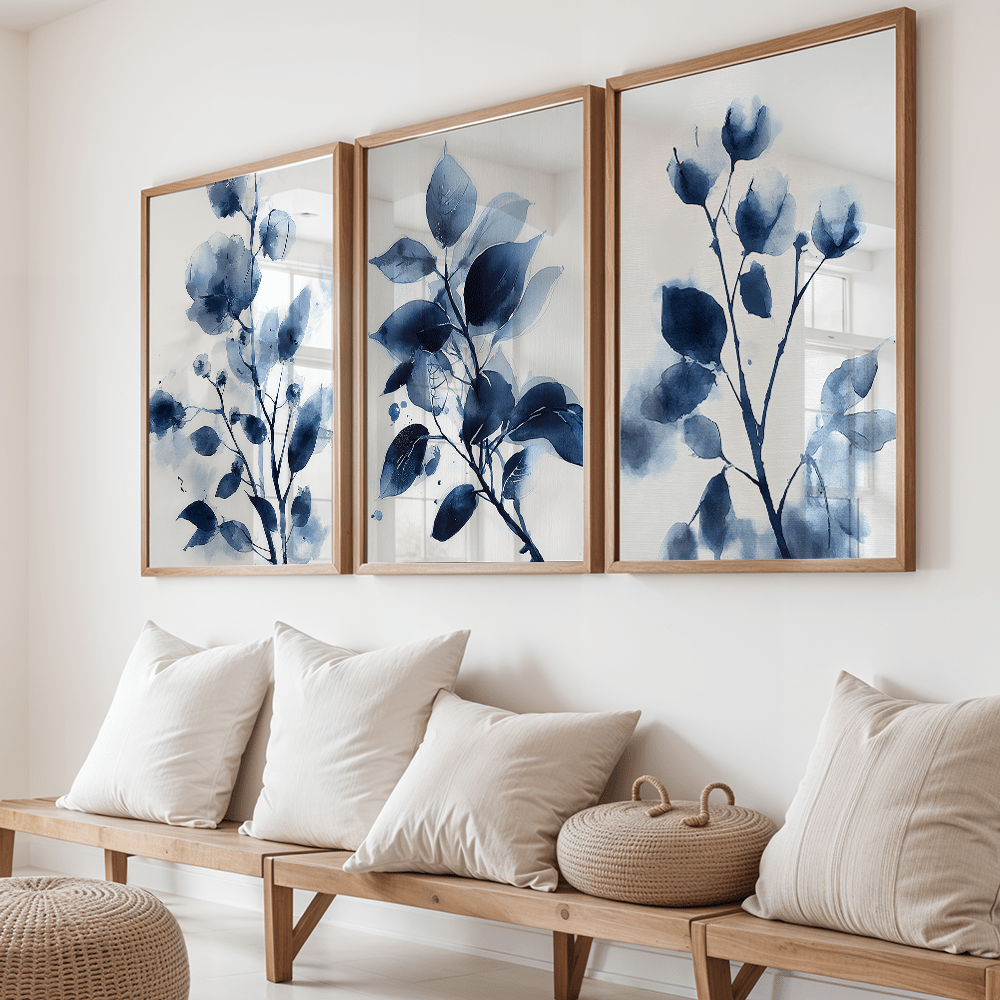 TEMU 2D Plat, 2D Plat, Ensemble de 3, Décoration Murale, Affiche Vintage, Impression d'Art Texturée , Œuvre d'Art Florale sur Toile Bleu Marine,