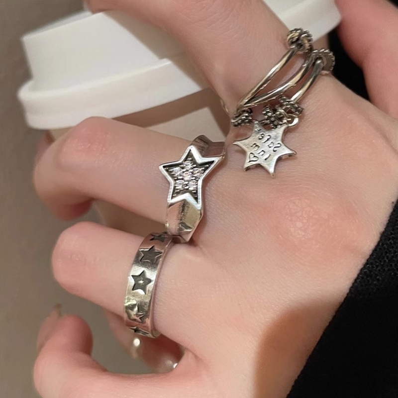 TEMU 3pcs Vintage Distressed Ring Set, Including An Engraved Pentagram Signet Ring And A Dangling Star Pendant Ring, With An Adjustable Stackable