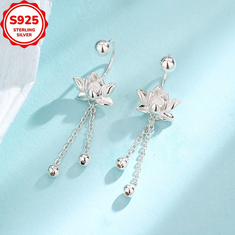 pair of elegant s925 sterling silver for lotus tassel earrings retro   hypoallergenic   daily wear and   Product details 5